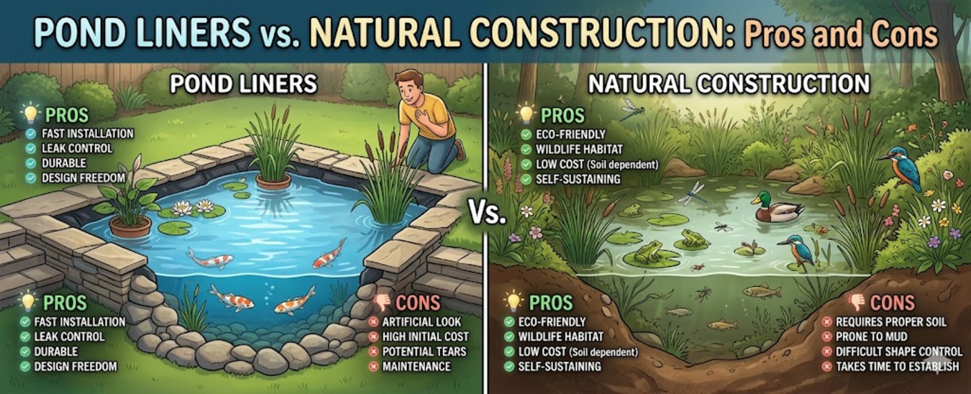 Pond  Liners vs. Natural Pond Construction: Pros and Cons